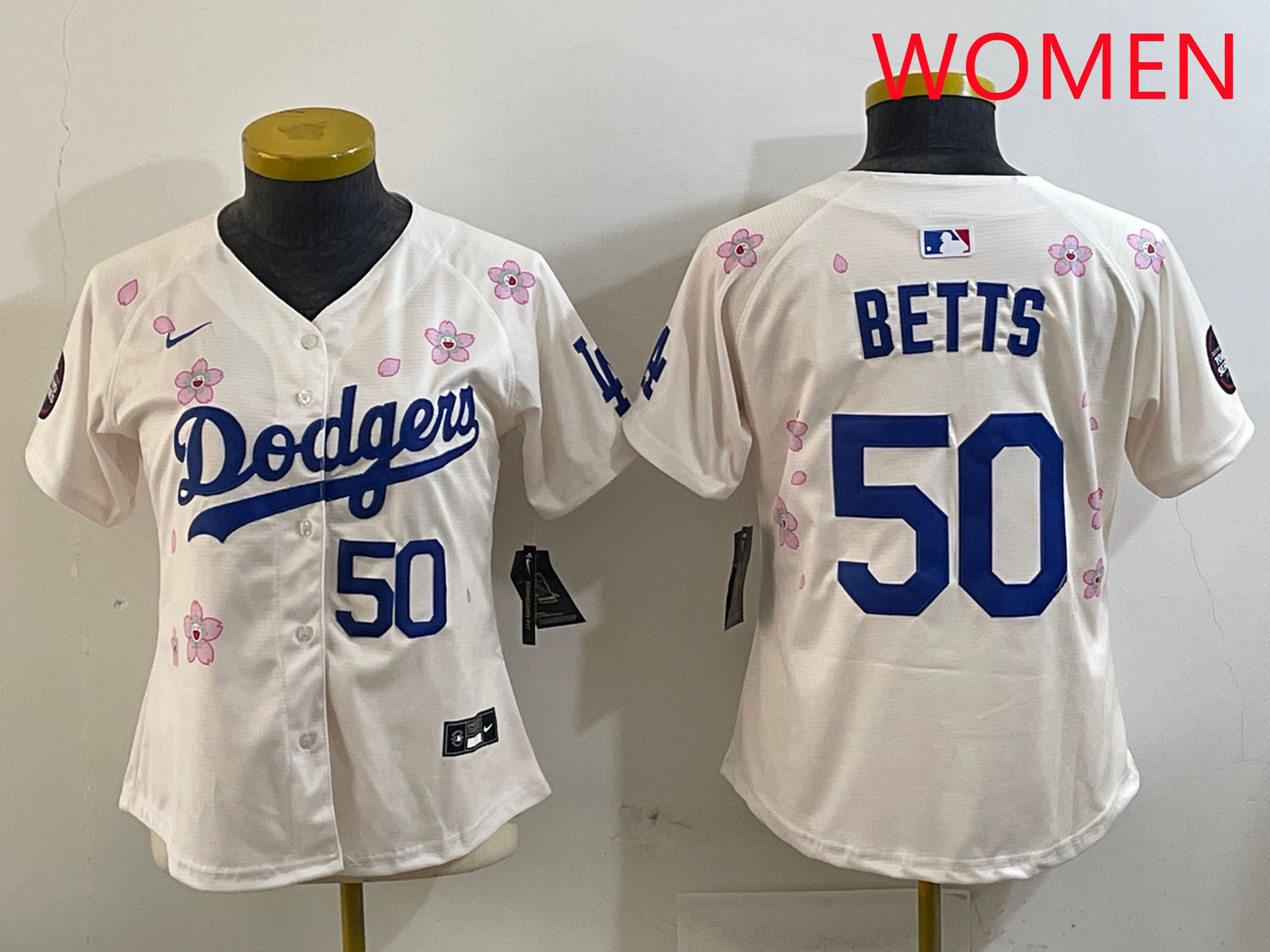 Women Los Angeles Dodgers #50 Betts Cream Sakura Edition 2025 Nike MLB Jersey style 6->women mlb jersey->Women Jersey